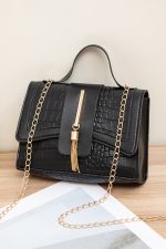 Black Textured Leather Buckle Chain Shoulder Bag - Image 6