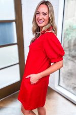 Fiery Red V Neck Puff Sleeve Textured Mini Dress - Image 3