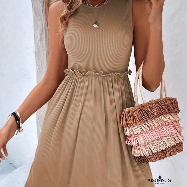Light French Beige Frill Waist Sleeveless Knit Mini Dress