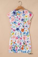Sky Blue Vibrant Floral Print Cap Sleeve Mini Dress - Image 5