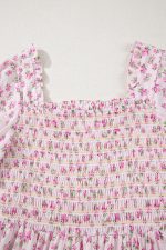 Pink Frill Neckline Shirred Bodice Floral Maxi Dress - Image 6