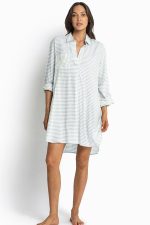 White Stripe Collared V Neck Chest Pocket Long Sleeve Beach Cover up - Image 4