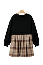 Black Plaid Patchwork High Waist Sweatshirt Mini Dress - Image 13