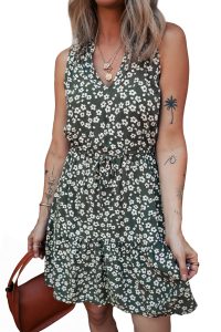 Green Boho Floral Print V Neck Knot Waist Sleeveless Dress - Image 18