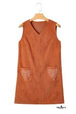 Gold Flame Corduroy Embroidered Patch Pocket Sleeveless Mini Dress - Image 13