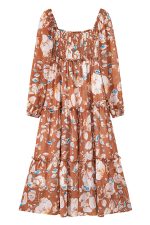 Brown Floral Print Shirred Square Neck High Waist Maxi Dress - Image 13