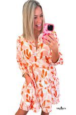 Orange Abstract Print Split Neck Long Sleeve Dress - Image 4
