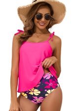 Rose Red Solid Color Cami and Floral Print Panty Tankini Set - Image 26