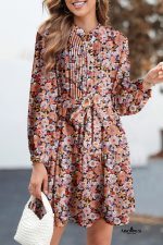 Multicolour Floral Print Pleated Detail Bleted Long Sleeve Mini Dress