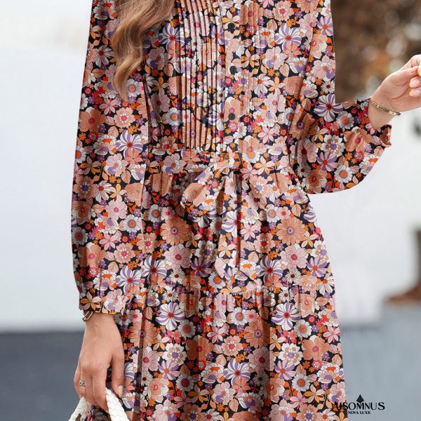 Multicolour Floral Print Pleated Detail Bleted Long Sleeve Mini Dress