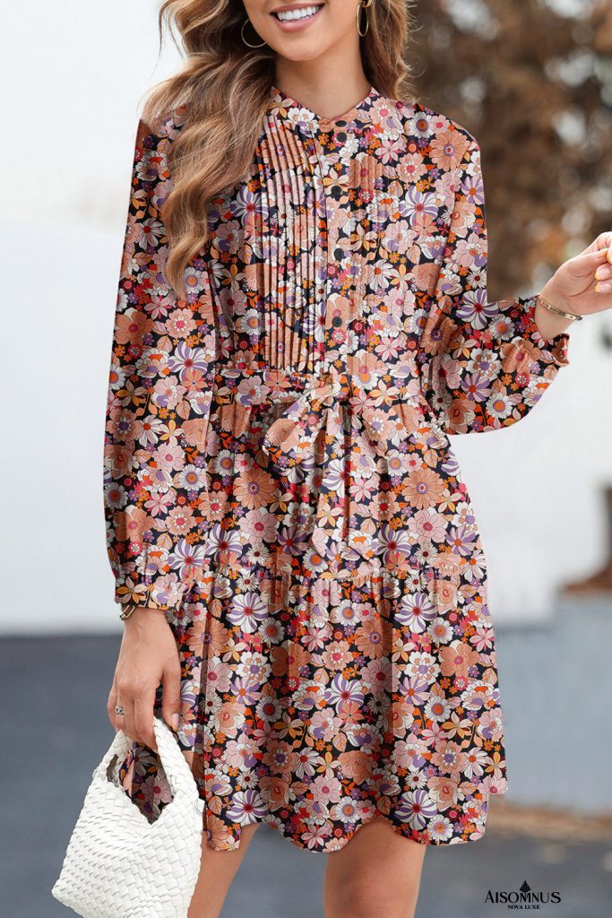 Multicolour Floral Print Pleated Detail Bleted Long Sleeve Mini Dress