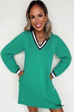 Mint Green Preppy Contrast Striped V Neck Long Sleeve T-shirt Dress - Image 2