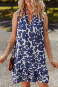 Blue Floral Sleeveless Notched V Neck Mini Dress