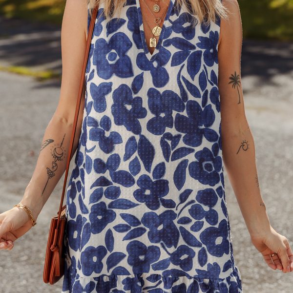 Blue Floral Sleeveless Notched V Neck Mini Dress