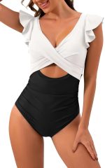 Black Color Block Cut Out Criss Cross One Piece Swimsuit - Image 4