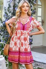 Rose Boho Floral Short Sleeve Tie V Neck Mini Dress - Image 6