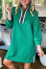 Sea Green Jacquard Textured Quarter Zipper Pop of Color Neckline Dress - Image 4