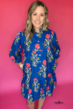 Blue Floral Print Button Front 3/4 Puff Sleeve Ruffle Hem Dress - Image 8