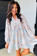 White Floral Print Tie V Neck Puff Sleeve Mini Dress - Image 3