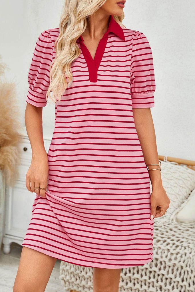 Red Stripe Collared V Neck Puff sleeve Mini Dress
