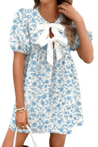 Sky Blue Floral Bow Front Puff Sleeve Mini Dress - Image 3