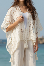Beige Solid Color Tassel Open Front Knit Cover Up - Image 4