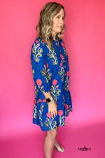 Blue Floral Print Button Front 3/4 Puff Sleeve Ruffle Hem Dress - Image 3