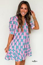 Pink Geometric Print V-Neck Ricrac Trim Mini Dress - Image 3