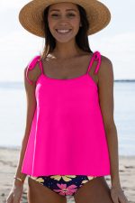 Rose Red Solid Color Cami and Floral Print Panty Tankini Set - Image 4