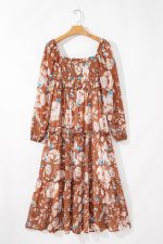 Brown Floral Print Shirred Square Neck High Waist Maxi Dress - Image 6