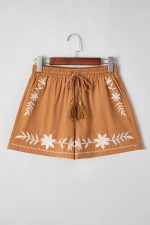 Khaki Embroidered Tassel Tie Elastic Waist Shorts - Image 8