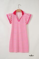 Sachet Pink Striped Ruffle Short Sleeve Pop of Color Neckline Dress - Image 5