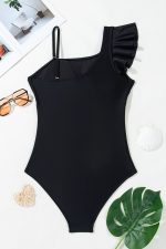 Black Asymmetric Ruffle Shoulder Ruched One Piece Swimsuit - Image 7