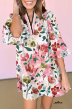 Red Pop of Color V Neck Puff Sleeve Floral Mini Dress