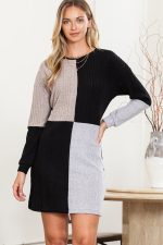 Black Ribbed Color Block Drop Shoulder Long Sleeve Mini Dress - Image 12