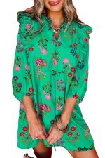 Green Floral Print Ruffle Three Quarter Sleeve Buttoned Mini Dress - Image 4
