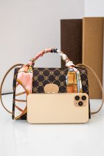 Coffee Geometric Pattern Ribbon Decor PU Leather Bag - Image 5
