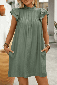 Green Bay Pleated Ruffle Sleeve Stand Neck Mini Dress