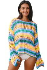 Beau Blue Striped Hollow Knit Summer Beach Cover Up - Image 4