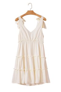Oatmeal Solid Color Tie Strap Ruffle Tiered Mini Dress - Image 19