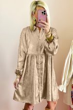 Apricot Metallic Sheen Puff Sleeve Button Up Mini Shirt Dress - Image 13