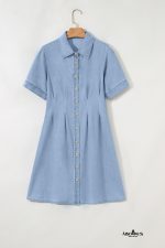 Myosotis Pleated High Waist Short Sleeve Shirt Dress - Image 9