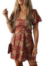 Red Floral Puff Sleeve Square Neck Knot Open Back Mini Dress - Image 18