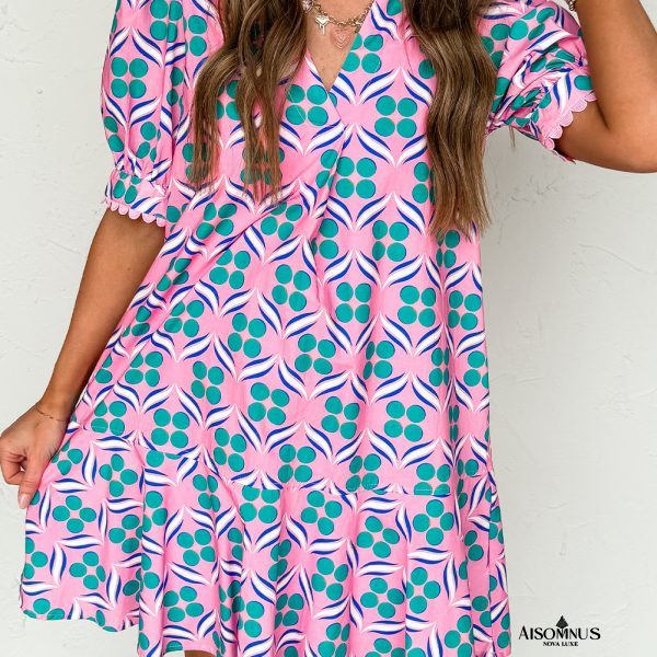 Pink Geometric Print V-Neck Ricrac Trim Mini Dress