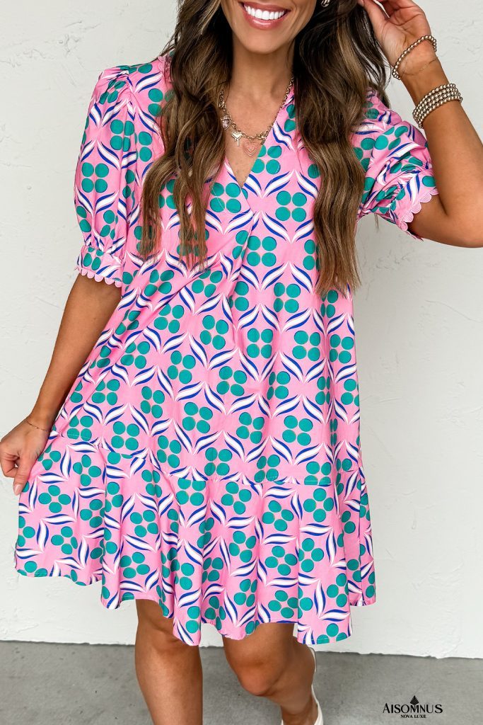 Pink Geometric Print V-Neck Ricrac Trim Mini Dress