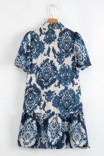 Blue Boho Floral Print Buttoned Collared Loose Fit Mini Dress - Image 7