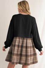 Black Plaid Patchwork High Waist Sweatshirt Mini Dress - Image 2