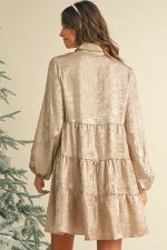 Apricot Metallic Sheen Puff Sleeve Button Up Mini Shirt Dress - Image 2