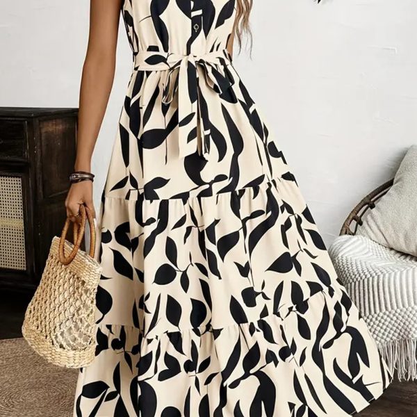 Apricot Abstract Print Knot Waist Collar Sleeveless Maxi Dress