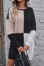 Black Ribbed Color Block Drop Shoulder Long Sleeve Mini Dress - Image 3
